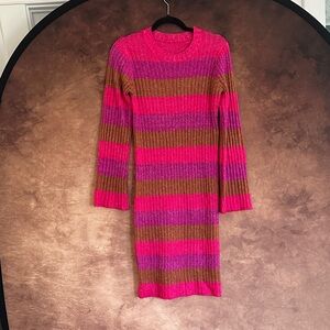 Striped Pink, Purple and Brown Knit Sweater Dress with Bell Sleeves